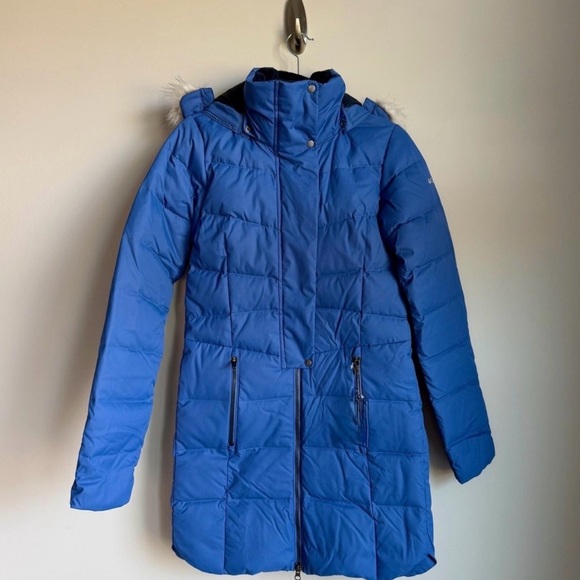 Columbia Crystal Caves Mid Blue Puffer Winter Coat Faux Fur Jacket XS - Picture 2 of 11